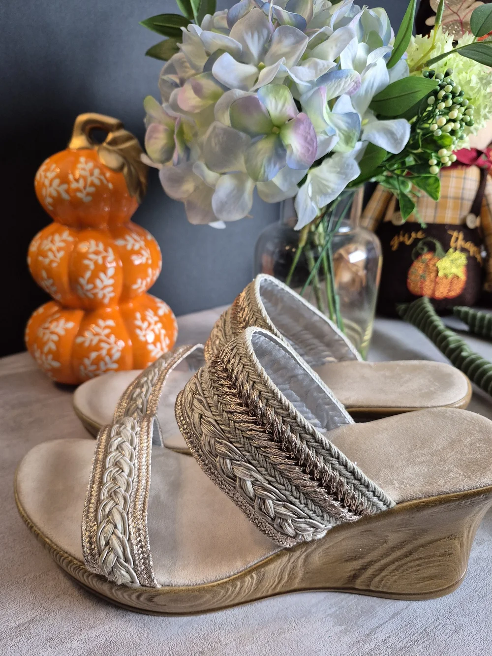 Woven Metallic Neutral Wedge Sandals - Women. Size 8